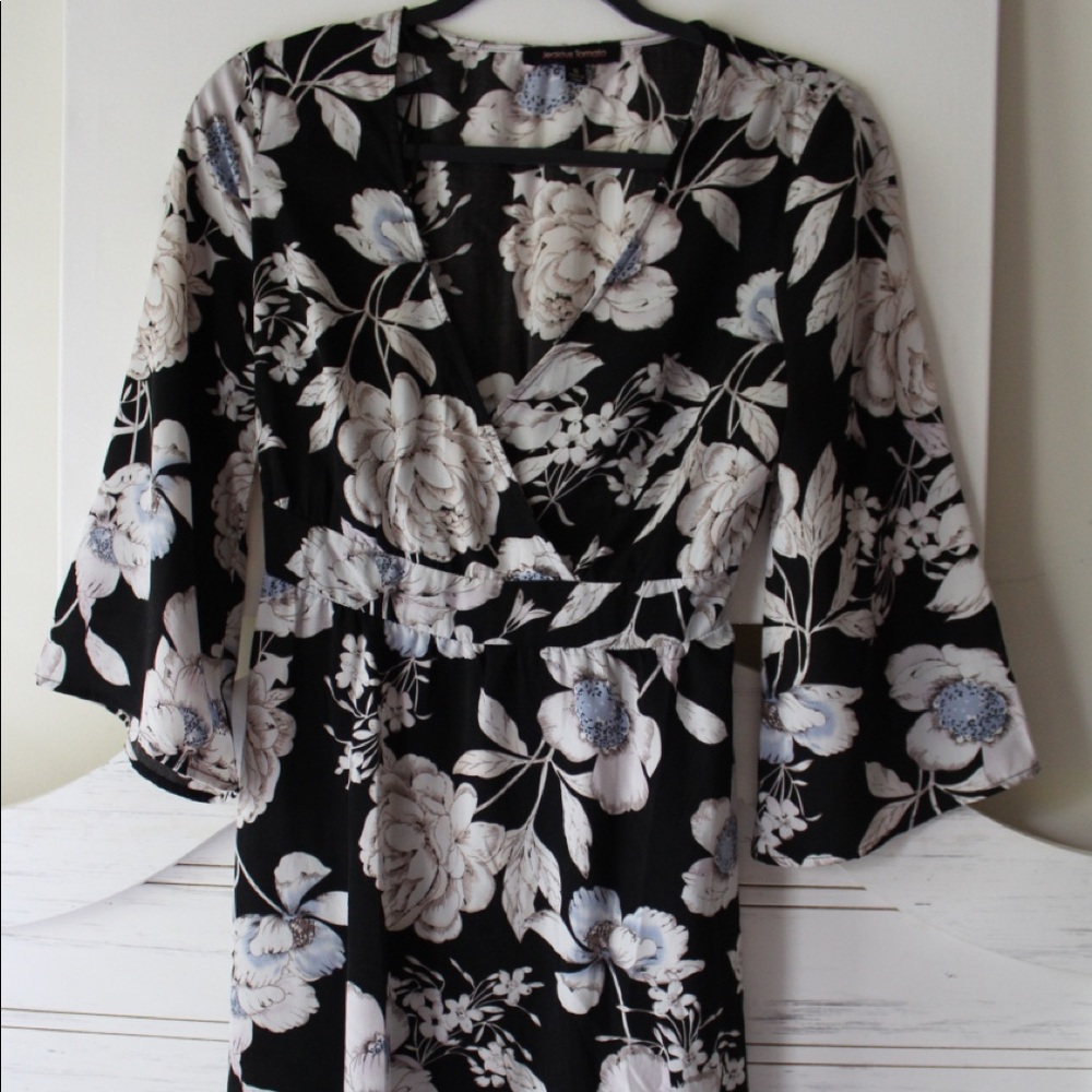 Black and White Floral Midi Dress w/ Bell Sleeves